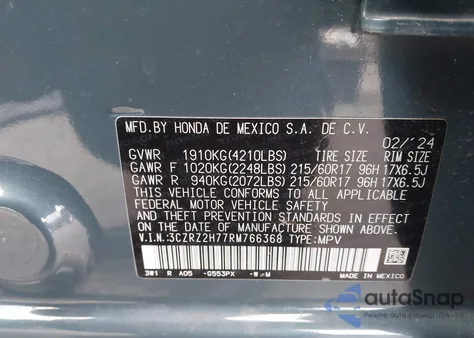 2024 Honda Hr-V Awd Ex-L/Awd Ex-L W/O Bsi from USA, damaged, VIN 3CZRZ2H77RM766368